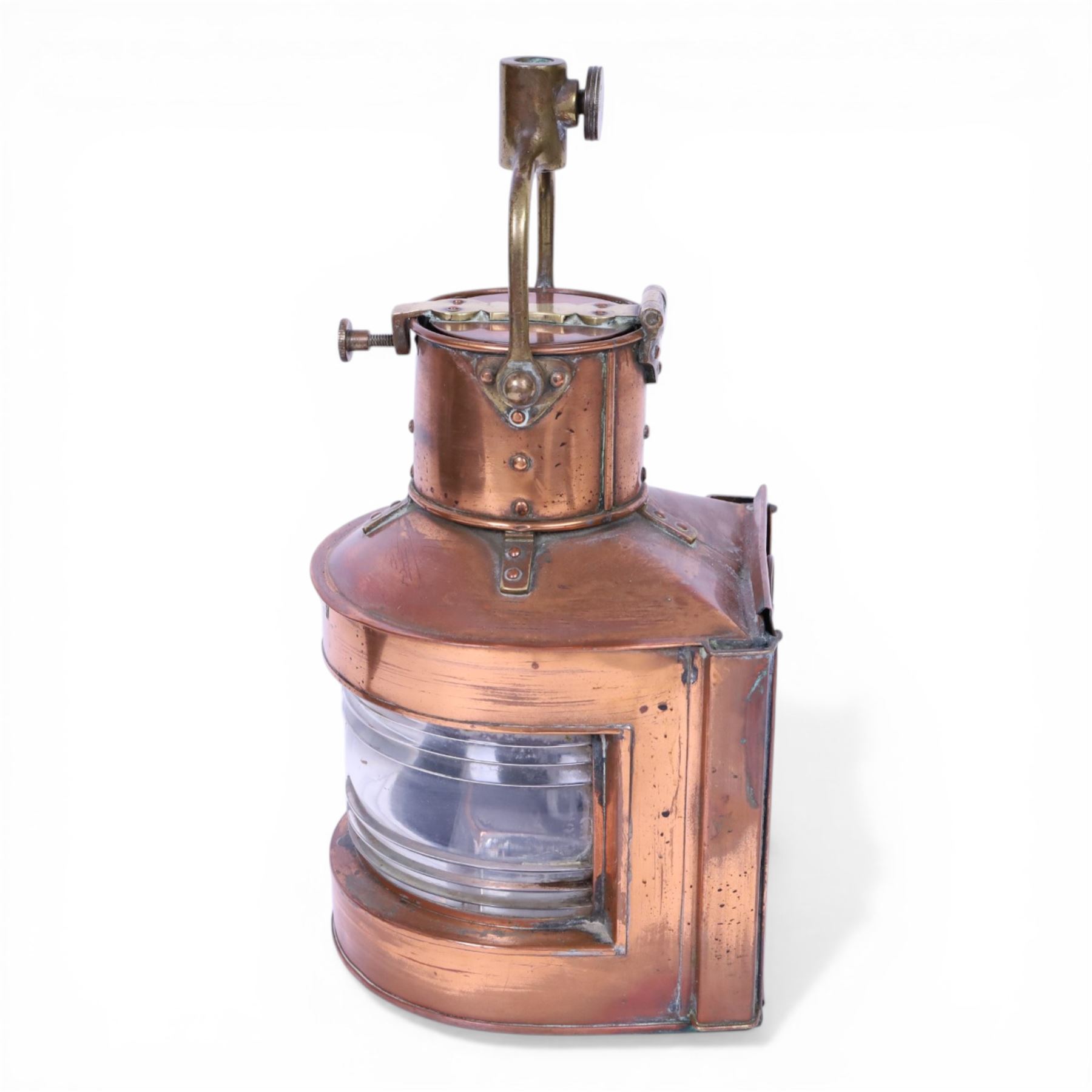 1930s copper and brass ship's masthead lamp, bearing plaque 'Masthead Patt.25A' and inscribed W.T.G. 1939, not including handle H30.5cm