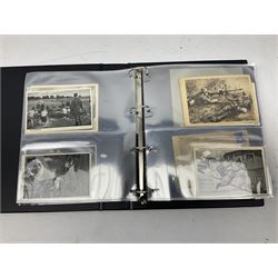 Modern loose leaf album of WW2 German postcards, photographs and other paper ephemera including Adolf Hitler, Luftwaffe, comic, soldier and group portraits, memorial cards, propaganda images, interesting postmarks etc