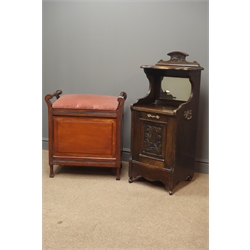  Edwardian coal compendium, carved top rail, bevel edged mirror, carved fall front, four castors (W43cm, H99cm, D35cm) and walnut piano stool, upholstered hinged seat, paneled sides, (W60cm, H66cm, D35cm)  