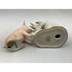 John Beswick figure of a seated piglet, Beswick Beatrix Potter Mrs Rabbit and Peter figure, and quantity of Sandland Character Ware jugs