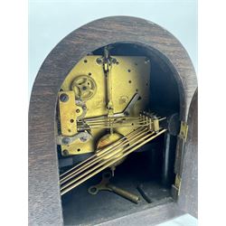 Early to mid 20th century oak mantel clock, silvered Arabic dial, triple train driven quarter Westminster chiming movement