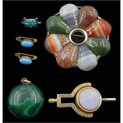 19th/early 20th century gilt malachite fob, gilt agate and bloodstone watch key, turquoise turtle brooch, silver hardstone brooch stamped and two other turquoise brooches (6)