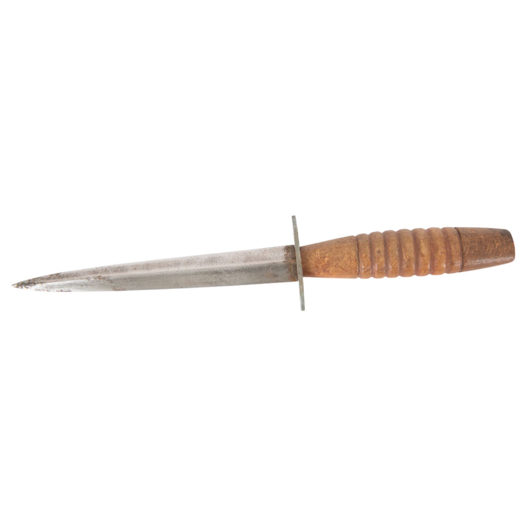 WWII British Fairbairn Sykes Wooden Hilt Commando Knife, with unmarked 17cm double edged blade, oval steel cross guard, barrel style wooden grip, in leather scabbard, overall L30cm
