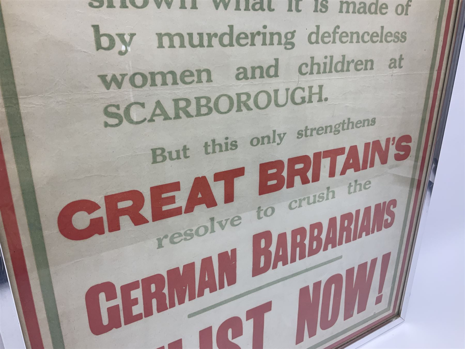 WWI style Scarborough enlistment poster 'Remember Scarborough! Enlist Now!', in metallic frame, H75.5cm