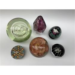 Collection of paperweights, including two Caithness glass paperweights, one with a thistle design H12cm, large glass paperweight vortex bubble pattern H14cm, purple studio glass vase etc. 