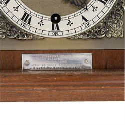  English burr walnut cased eight day chime bracket clock, with brass knopped carrying handle, with white chapter ring dial surrounded by four brass spandrels,  H30cm