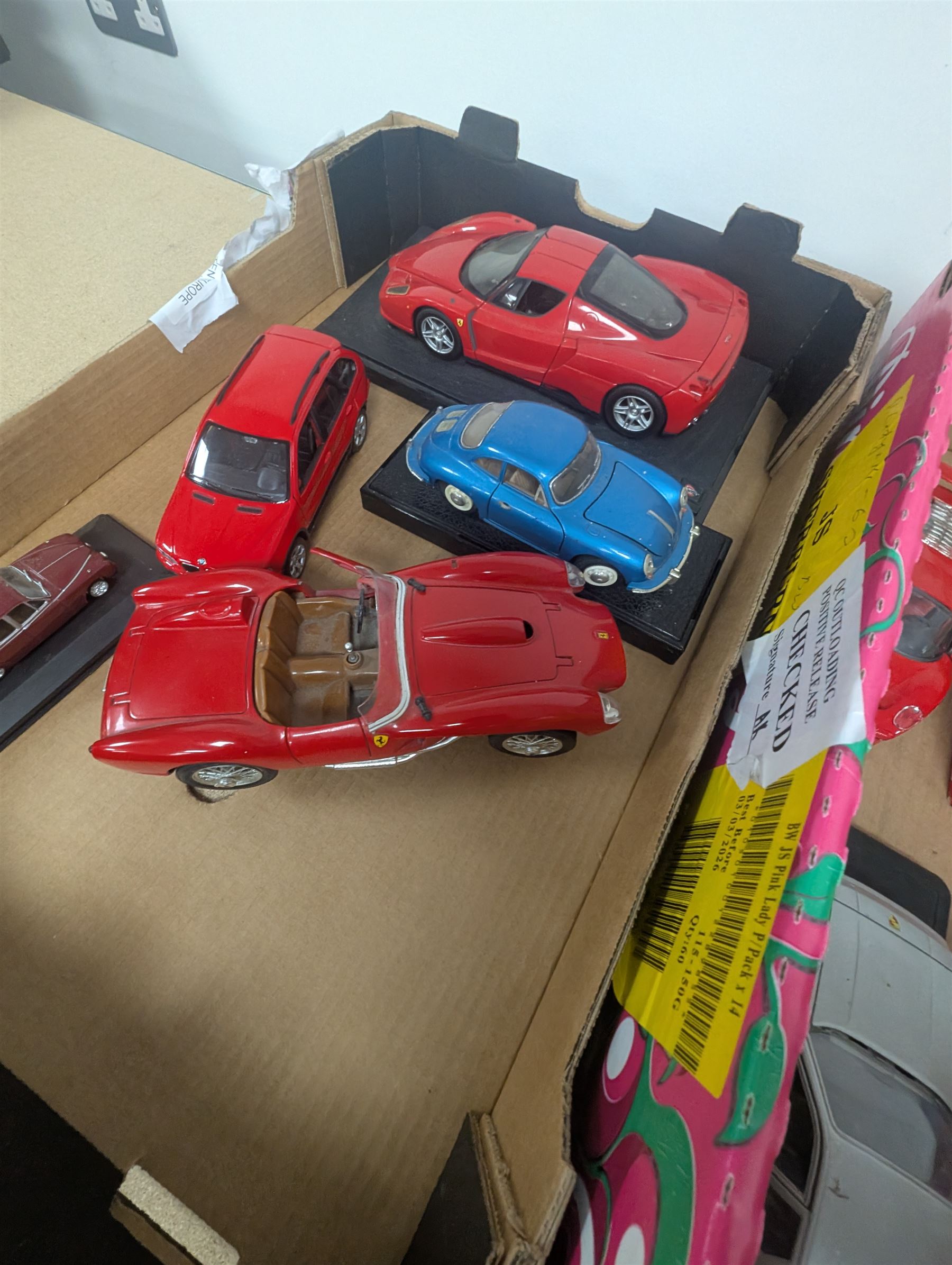 Diecast model vehicles, including Maisto, Majorette and Bburago examples, three boxed the rest loose, different scales, in three boxes
