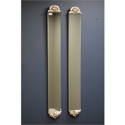  Pair narrow wall mirrors with silvered pediments and bevelled glass 123cm x 16cm  