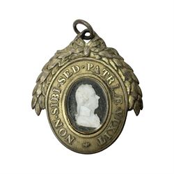 London Pitt Club oval silver gilt members badge, with cameo portrait of William Pitt on black glass within border, beneath laurel wreath, members name L. Smith. Esq 