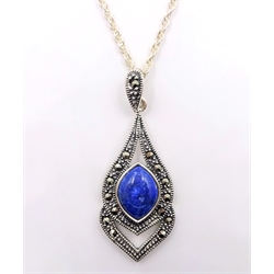  Silver lapis lazuli and marcasite pendant necklace stamped 925  