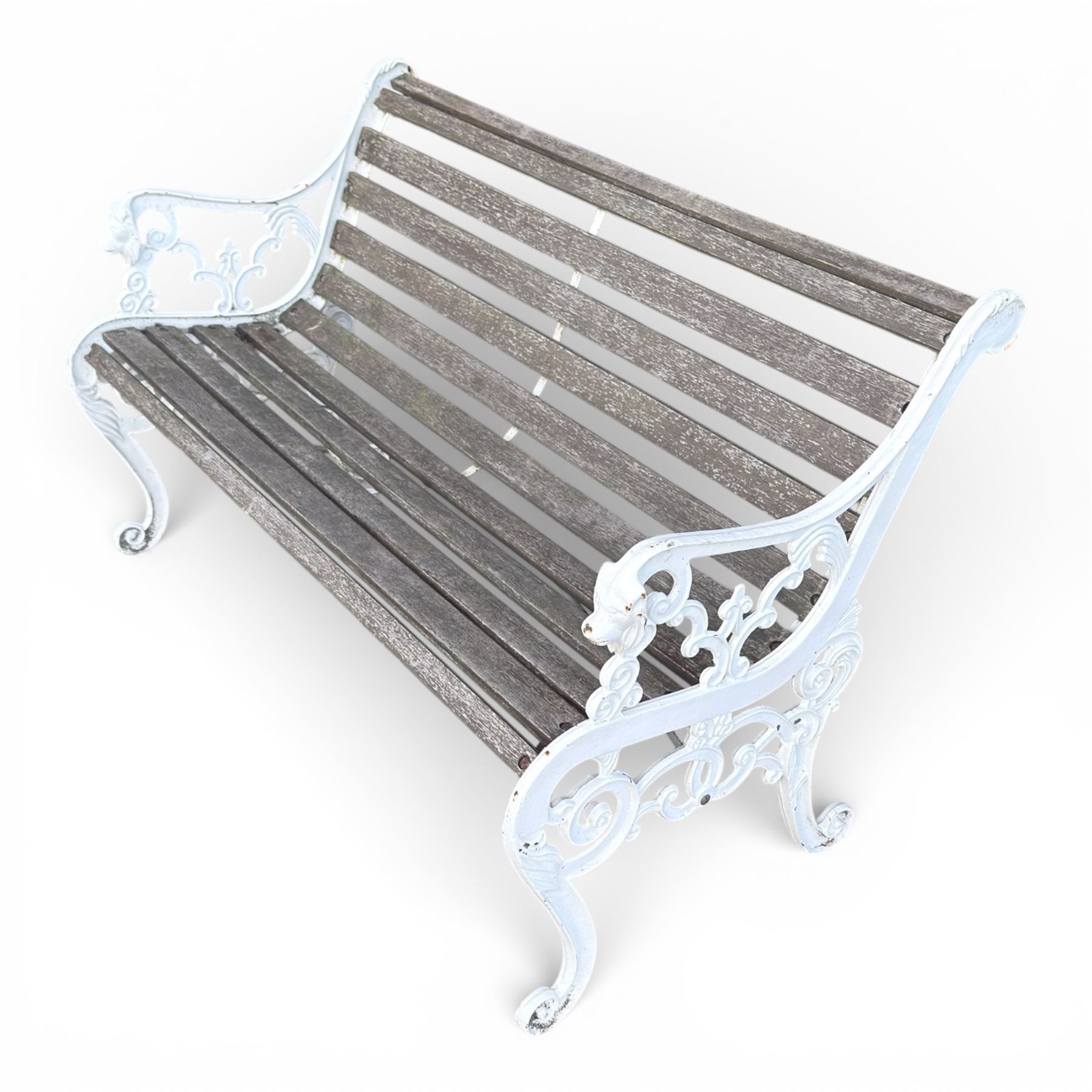 Cast iron and wood slatted garden bench in a white finish