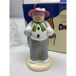 Royal Doulton The Mickey Mouse Collection Pluto figure, Coalport Characters The Snowman Dressing Up figure, three Royal Doulton Bunnykins figures comprising Policeman, Morris Danger and Eskimo, and display stand, Royal Doulton John Beswick Tiggy Winkle, Royal Albert Beatrix Potter Peter Postbag and three Goebel Hummel figures, all boxed