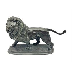 After Paul Edouard Delabrierre (French, 1829-1912), bronze, model of a lion, upon an oval base, signed E Delabrierre, overall H29.5cm, L46cm