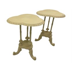 Pair Victorian style white painted side lamp tables, the trefoil shaped tops on triple pillar supports, splayed feet with carved decoration and an additional centre table with shaped top on turned stem, splayed supports