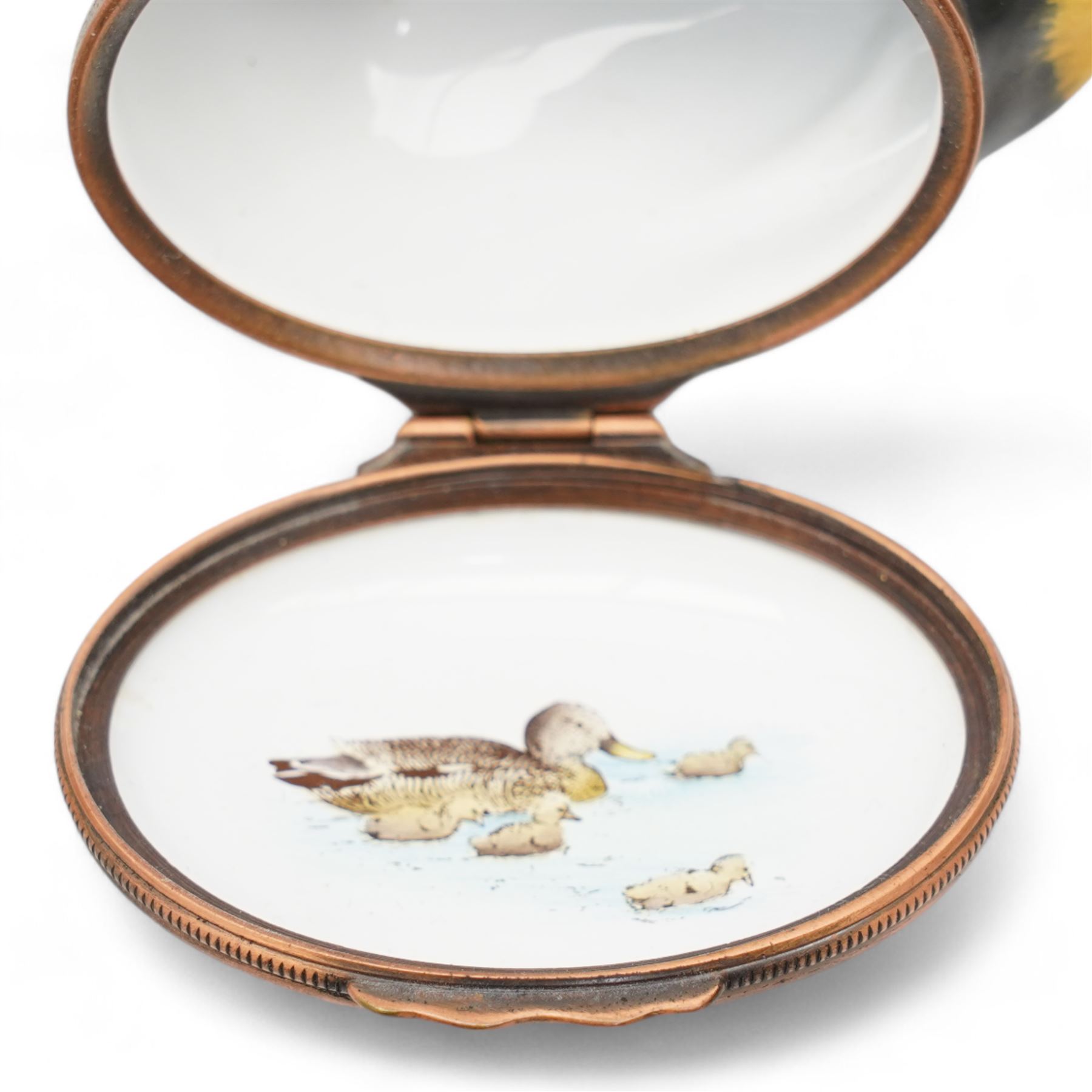 Three Halcyon Days enamel bonbonnieres comprising a mallard, panda and frog, H7cm max (3)