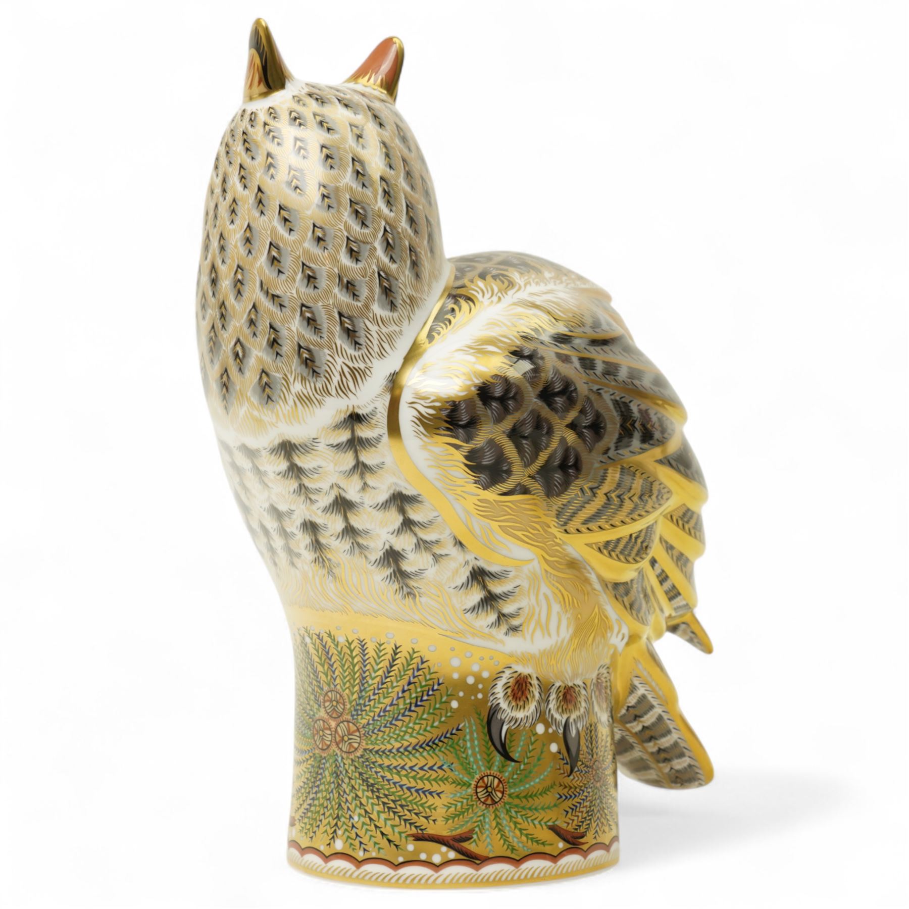 Royal Crown Derby Imari: Long Eared Owl, limited edition paperweight No 114 of 300, designed by Tien Manh Dinh signed by Hugh Gibson and with gold stopper and certificate H27cm
