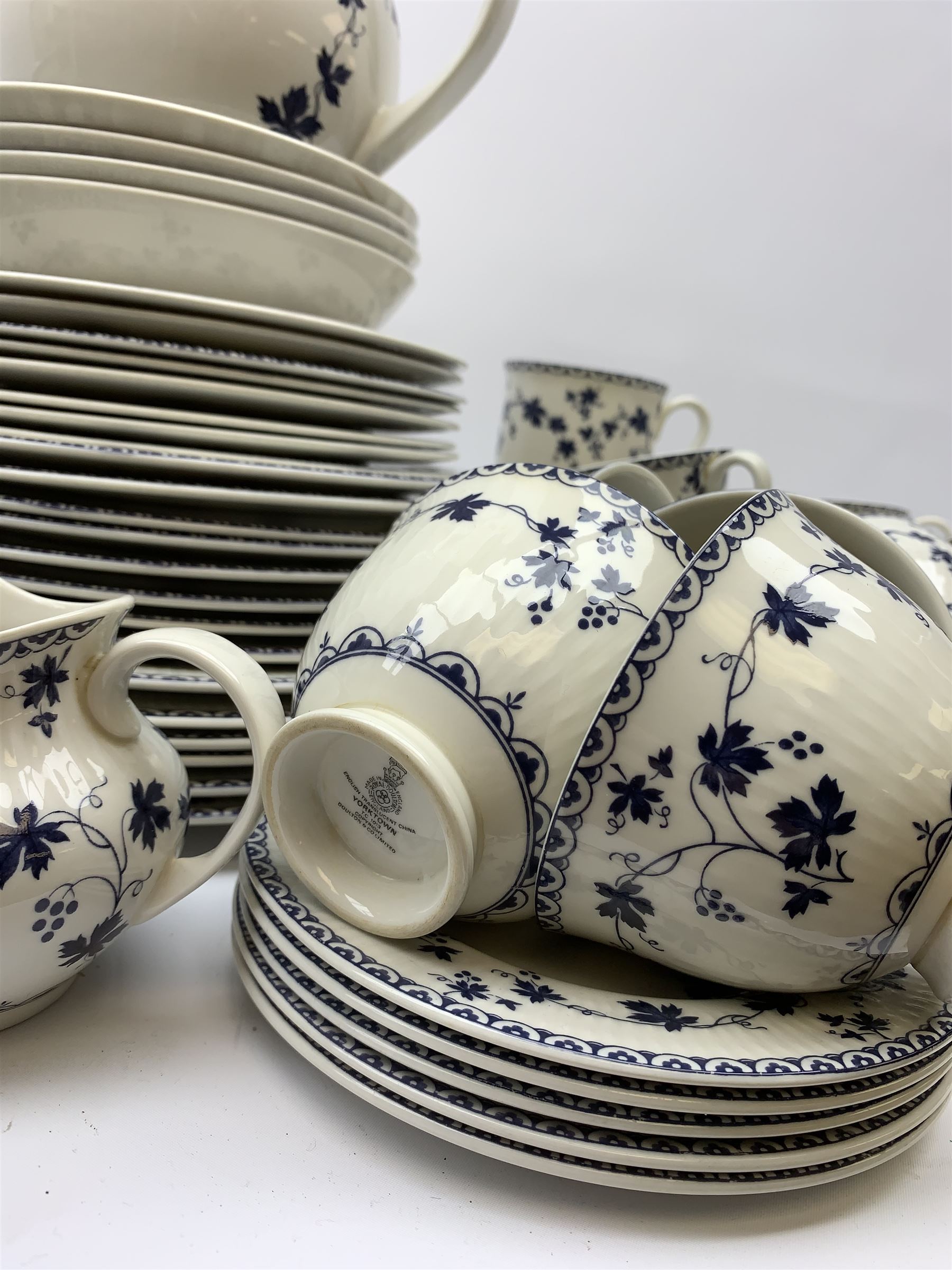 Royal Doulton York Town pattern and Hartford pattern tea and dinner wares, to include six dinner plates, eight salad plates, eight dessert plates, five side plates, eight bowls, nine smaller bowls, four serving plates, eight soup bowls, tea pot, coffee pot, various sized teacups, coffee cups, mugs and saucers, sucriers, jugs, etc. (Qty). 
