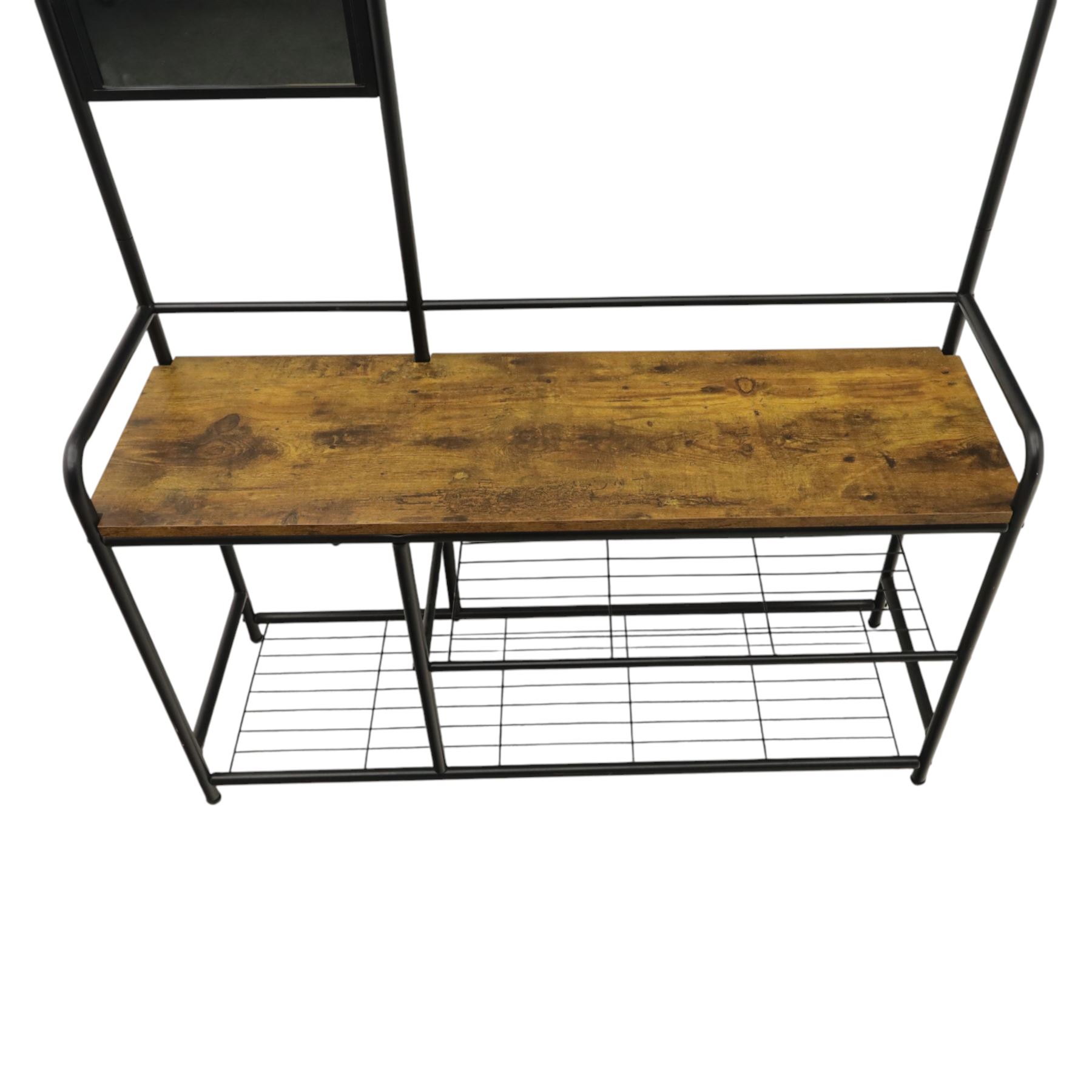 Modern hall stand black and rustic wood veneer, mirrored panel with multiple hooks, wooden veneer seat above shelving for shoes 