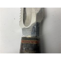 German ERN Wald-Solingen Art Deco style hunting knife with 13cm Bowie type blade and chrome fittings with antler grip; in leather sheath L24.5cm overall; and Bianchi Rastignano Aeronautica Militare combat knife with 15.5cm Bowie type saw-back blade and stacked leather grip (2)