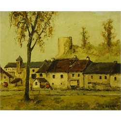 Louis Peyrat (French 1911-2001): Houses before a Castle, oil on canvas signed 31cm x 39cm

