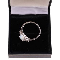 Silver opal and cubic zirconia cluster ring, stamped 925, boxed