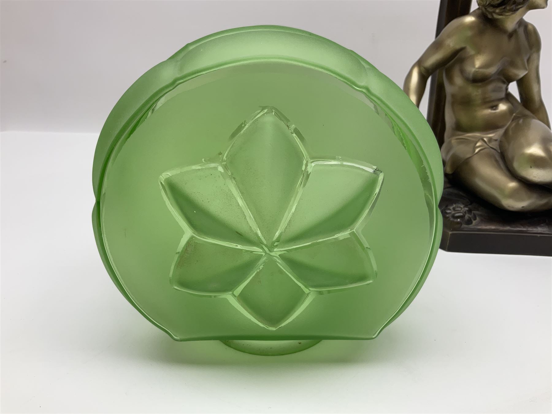 Art Deco style bronzed and gilded spelter figural table lamp with green Uranium glass shade; H48cm, another table lamp; and a bisque group