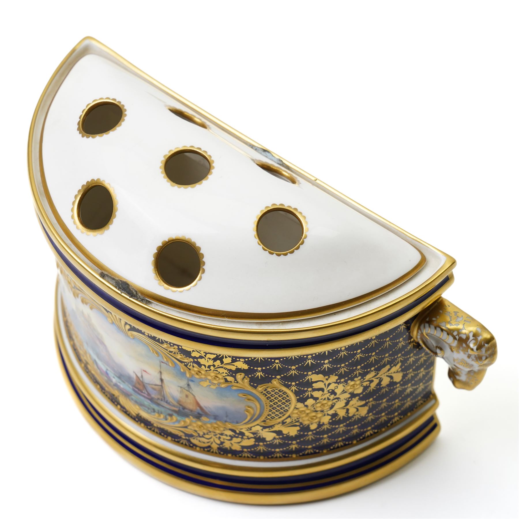 Lynton Porcelain Company demi-lune bough pot and cover, painted with naval scene, printed marks to base, W18cm 