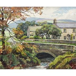 Walter Cecil Horsnell (British 1911-1997): 'Bridge End Ramsgill' Yorkshire Dales, oil on artist's board signed, titled and dated 1979 on original receipt verso 48cm x 58cm