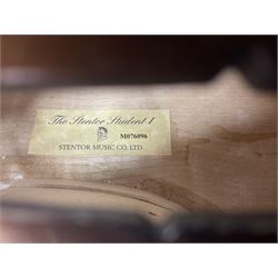 Stentor Student I quarter-size cello with 59.5cm two-piece maple back and ribs and spruce top; bears maker's label with serial no.M076096 L95.5cm overall; in Stentor soft carrying case with bow