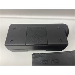 Vintage pair Akai ADM-8 Dynamic microphones; AKG D880 Dynamic microphone; cased; and Shure Betagreen BG1.0 vocal microphone; boxed; all with cables (4)