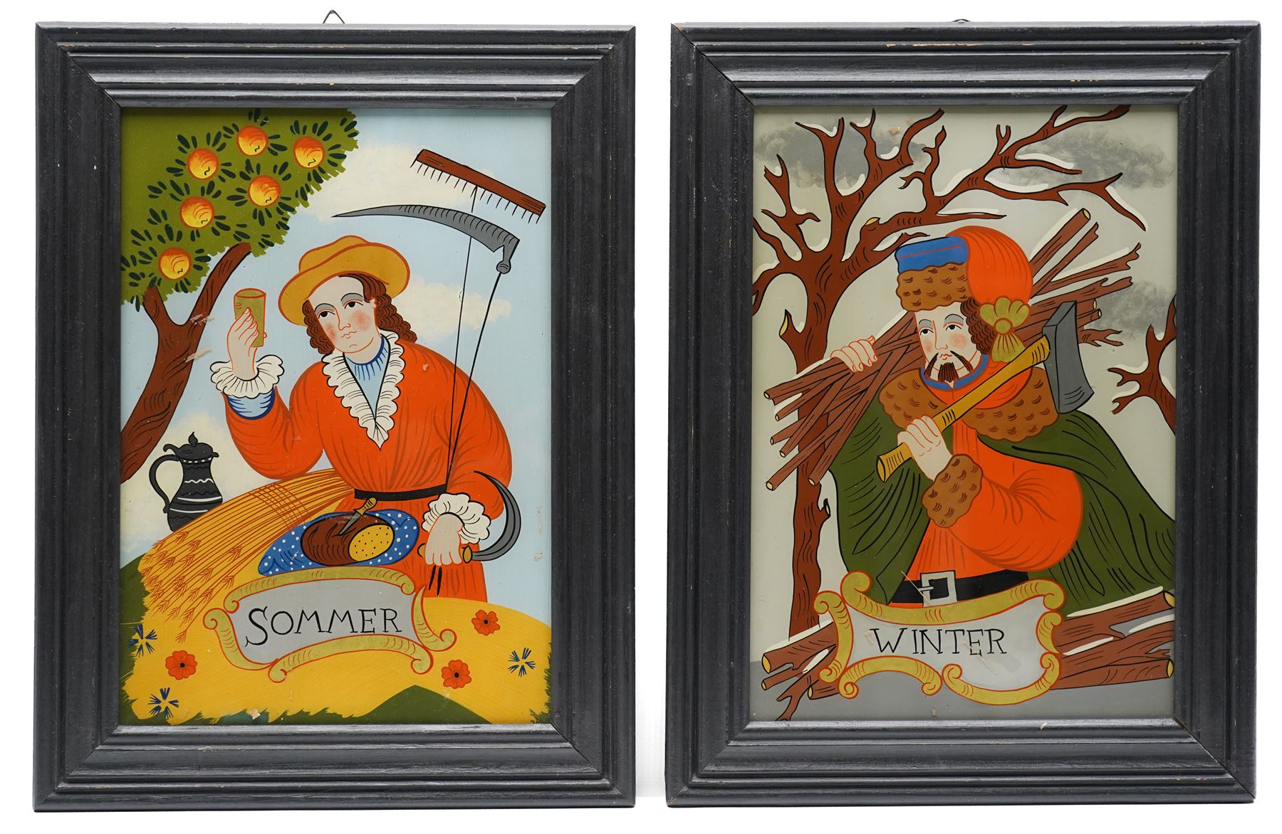 German School (20th Century): ‘Frühling’ ‘Sommer’ ‘Herbst’ and ‘Winter’- The Seasons, set of four reverse glass paintings (4) 
