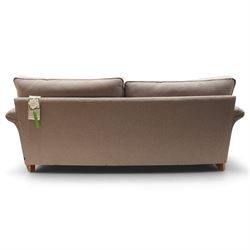 Next - contemporary four-seater sofa, upholstered in lilac fabric, square back with scrolled arms, fitted with two loose seat cushions and two loose back cushions, with arm cushions, raised on turned feet 