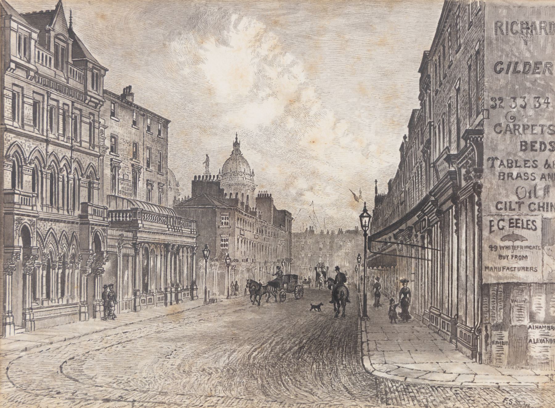 Frederick Schultz Smith (Hull 1860-1925): 'View of Saville Street' and 'View of Osborne Street & Freemans Hall' Hull, two monochrome watercolours and ink signed, titled verso 12cm x 17cm (2)