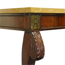 William IV mahogany and brass-inlaid marble serving table, the rectangular marble top featuring yellow tones, bordered by inlaid coloured marble bands in red and black, the frieze with brass-inlaid Boulle-inspired foliate panels on ebony, lower edge with beaded moulding, front legs inlaid with a stripped band of coromandel above carved acanthus leaves, tapering to carved lion paw feet, circa 1830