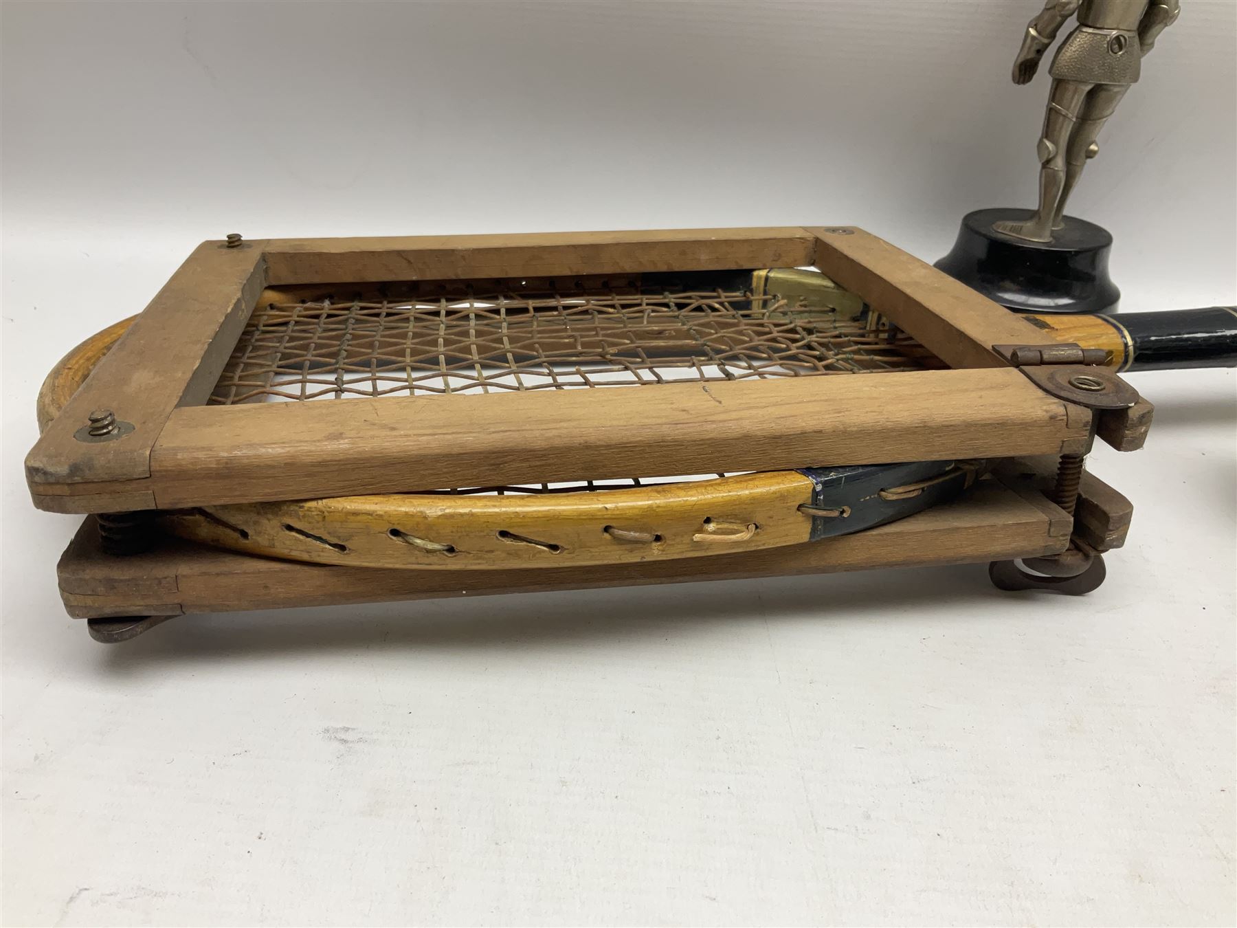 Walking cane, tennis racket, cricket ball (signed) and knight novelty cigarette lighter 