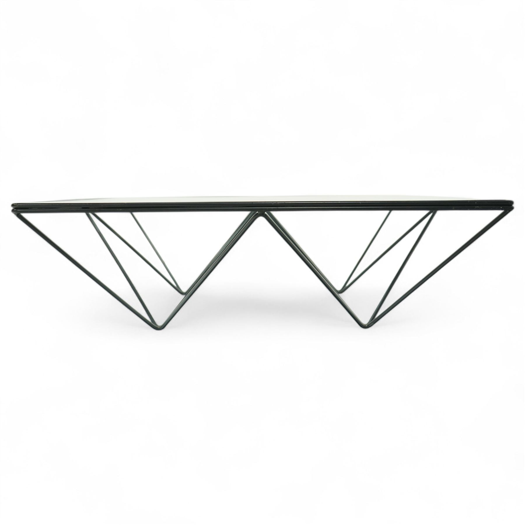 Paolo Piva for B & B Italia - Alanda coffee table with black powder-coated metal frame and clear glass top, the base with angular intersecting support struts forming a symmetrical design