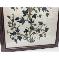 Framed crewelwork embroidered panel, decorated with flowering foliage, H100cm