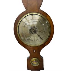 A 19th century four instrument mercury wheel barometer in a mahogany case with a swans neck pediment, 8” silvered register within a cast brass bezel and convex glass, recording atmospheric air pressure from 28 to 31 inches with weather predictions, brass recording hand and a steel indicating hand, spirit thermometer measuring temperature in degrees Fahrenheit within a round topped long box, circular hygrometer and spirit bubble.