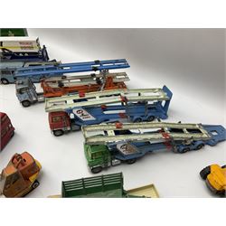 Corgi - eighteen unboxed and playworn/repainted die-cast commercial vehicles including Commer 5-Ton Wagon with drop-side trailer and two other 5-Ton wagons, Dodge Key Fargo, Jeep FC-150, two London Routemaster buses, Carrimore Trideck Transporter, two Carrimore Mark IV Transporters, Carrimore Low Loader, Ecurie Ecosse Racing Car Transporter etc (18)