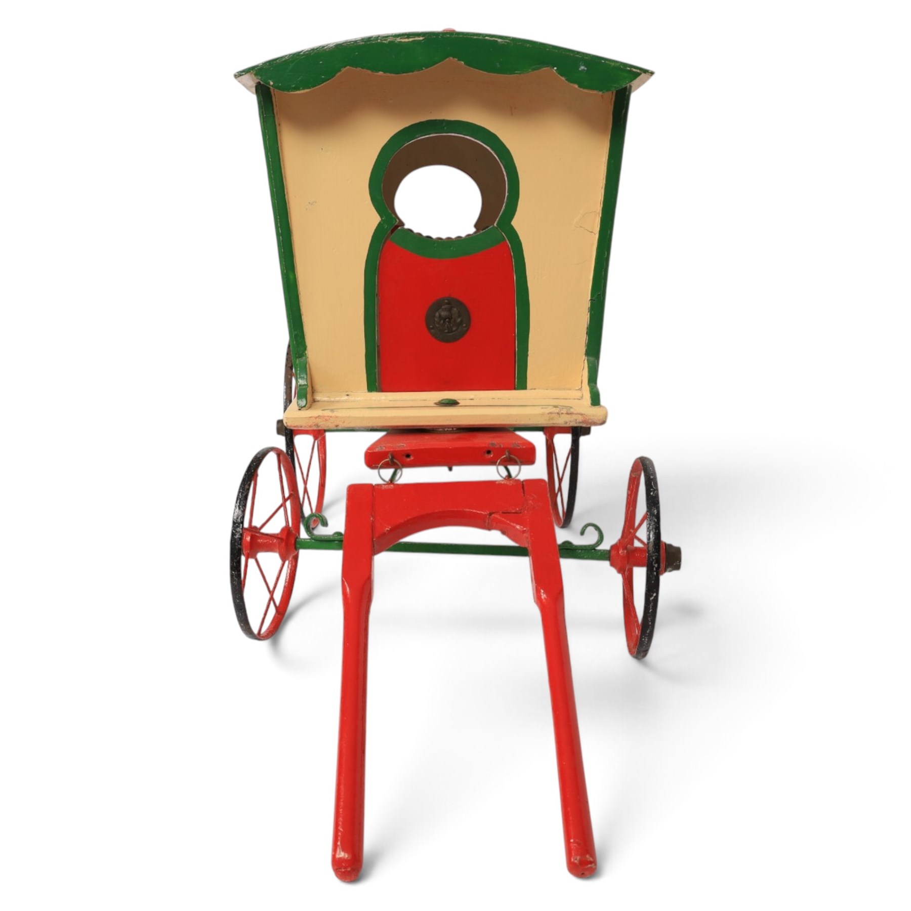 G & J Lines wooden gypsy caravan model, painted in cream with red roof, wheels and green detailing, H51cm, L89cm