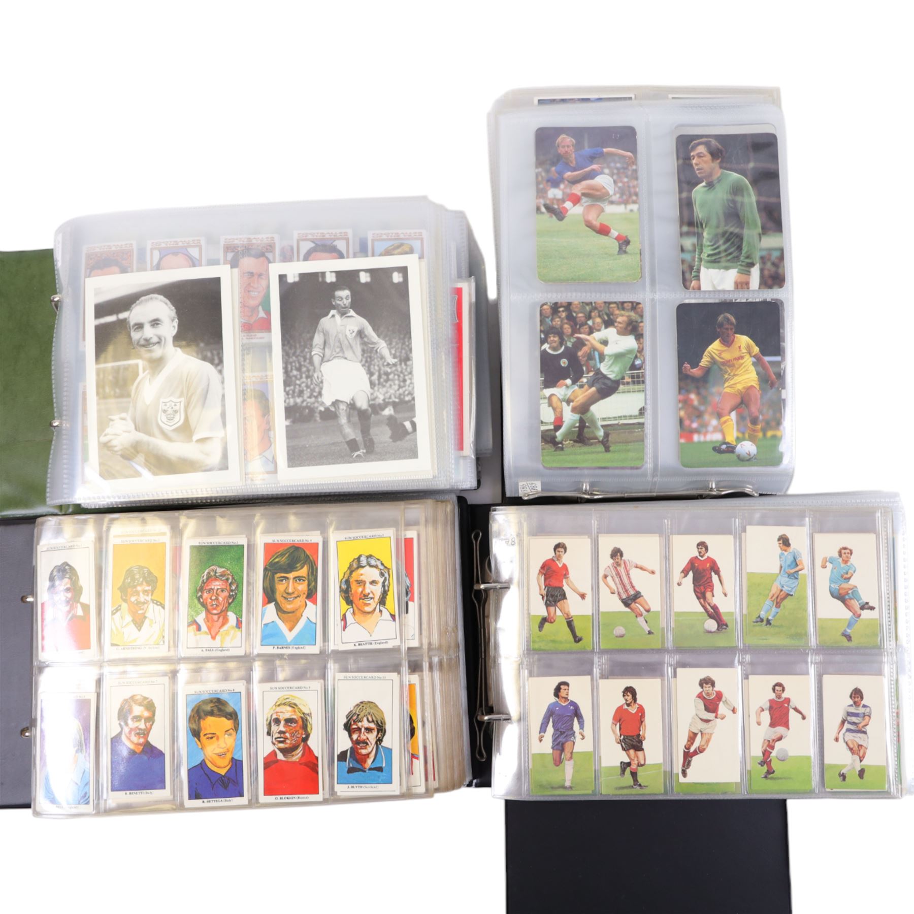 Collection of 1970s and later Football related trading and cigarette cards, including large quantity of 1970s Sun Soccercards, complete set of twenty-four Golden Wonder Football All Stars cards, Fax-Pax Football Greats, complete set of 1988, etc, housed in four albums