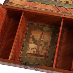 Napoleonic prisoner of war straw work box, the exterior with panels of buildings in geometric borders, the interior of the hinged lid opening to reveal two compartments with hinged covers decorated with flowers, H8cm, D16cm