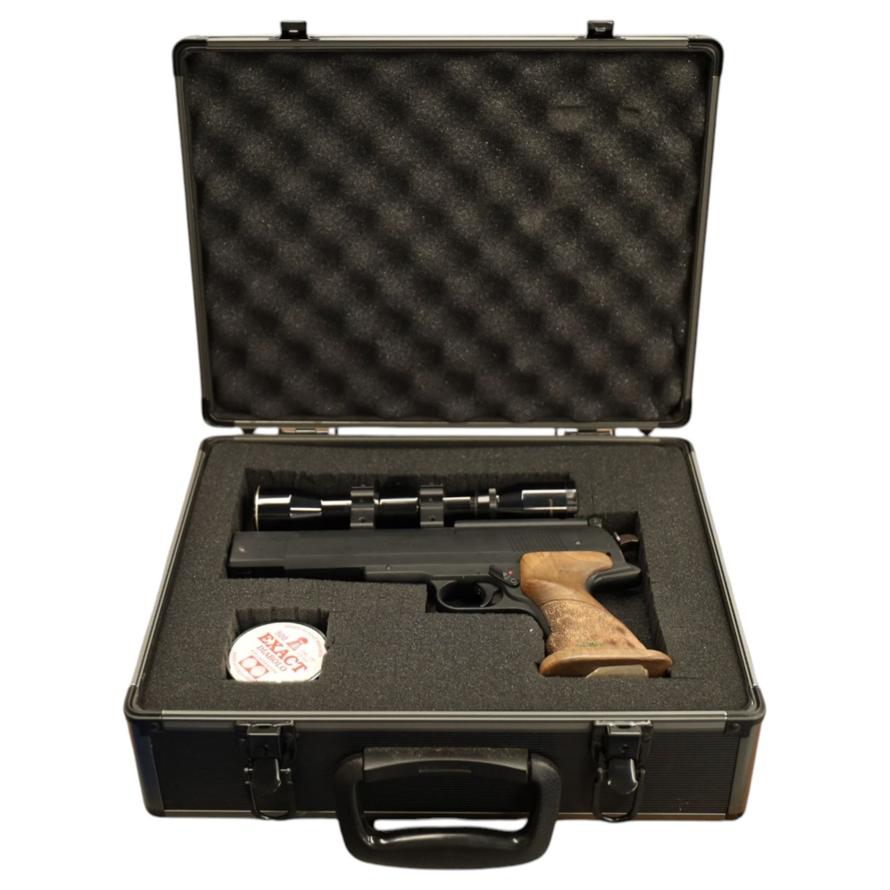 Weihrauch HW75 - .177 Pellet Pneumatic air pistol, Nikko Stirling 2.5x32 pistol scope, boxed in a flight case with paper targets