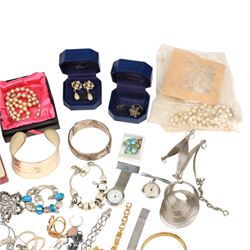 Silver jewellery, including bangle, ring and earrings, collection of costume jewellery and wristwatches