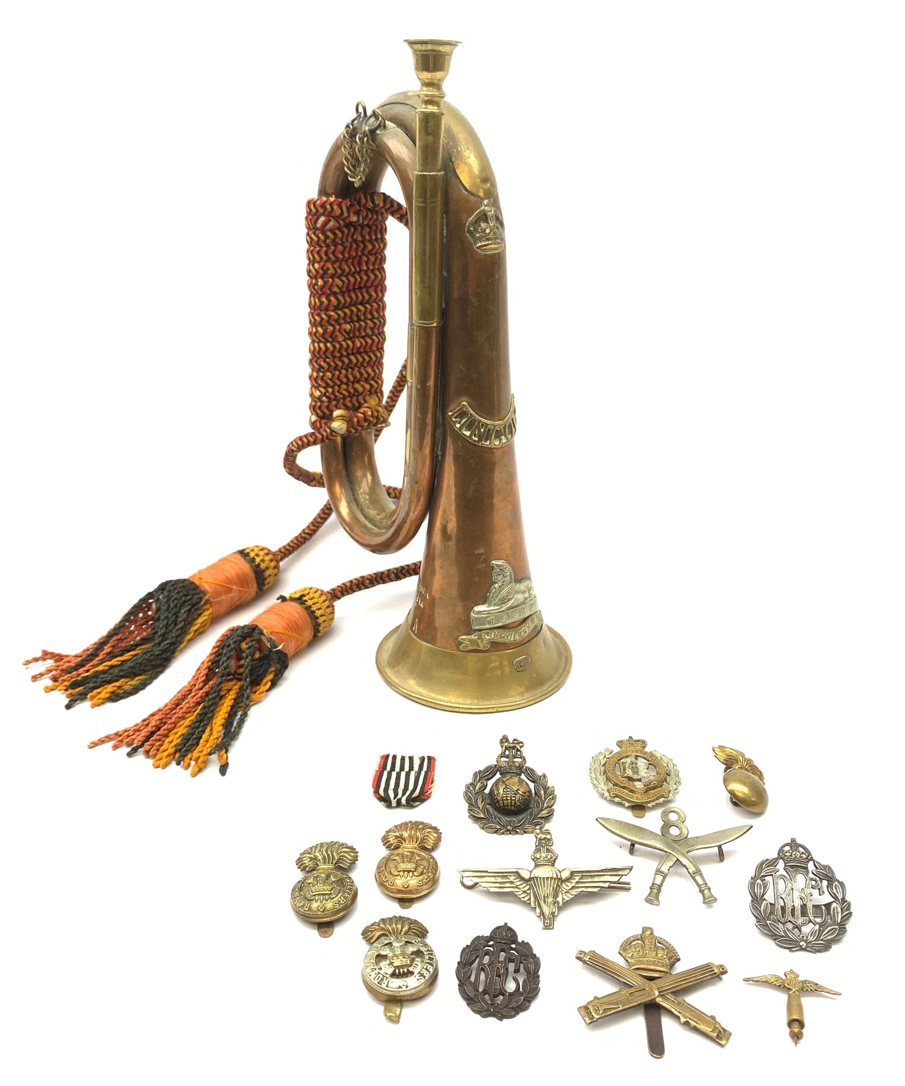 WW1 Lincolnshire Regiment copper and brass bugle stamped Marne 1914