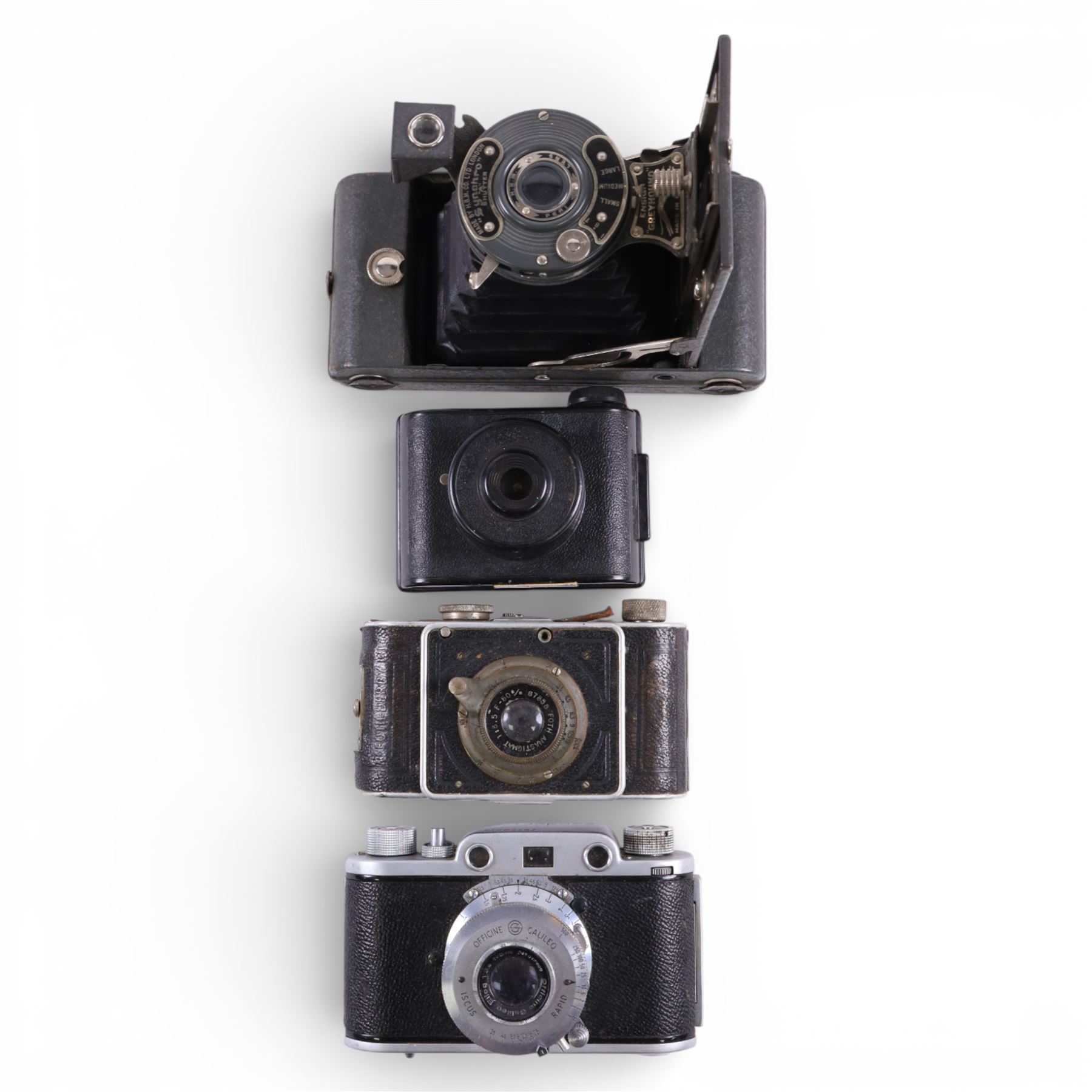 Collection of vintage cameras, including Bakelite Rajar No. 6 and VP Twin, Ferrania Condor I, Foth, Agfa, etc