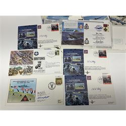 First Day Covers - approx. one hundred flying related and other military FDCs 1970s-2000s, mainly WW2 interest and bearing signatures; British, Channel Islands, Continental, Australia etc; signatures include Vera Lynn, J.H. Lacey, 'Johnnie' Johnson, Barnes Wallis, Bill Reid VC, various other gallantry medal winners, Dam Busters, Battle of Britain, Terence Otway, Leonard Cheshire, Stanford Tuck etc; loose and in a Benham album
