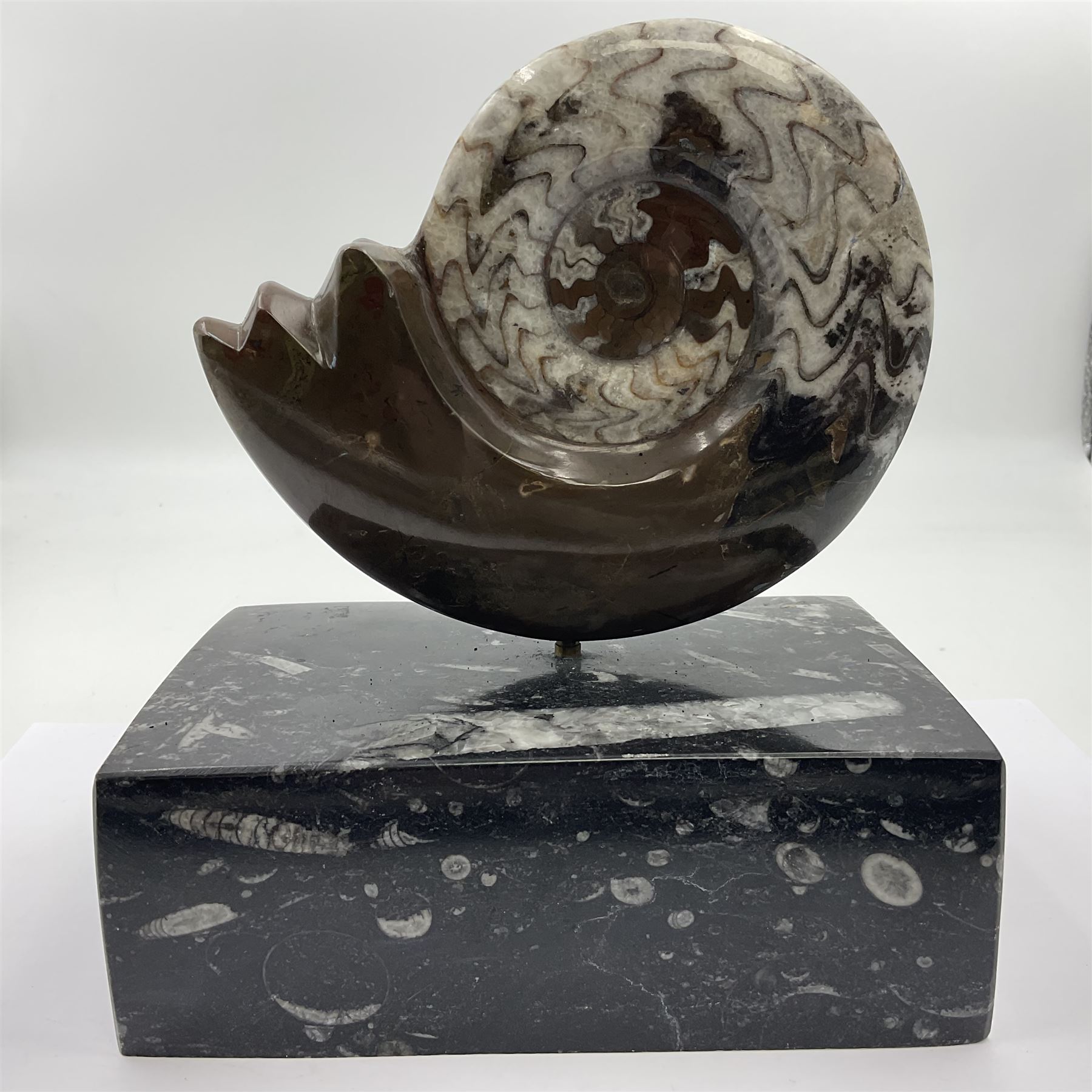 Goninite sculpture, poslised goninite, mounted upon a rectangular marble base with with orthoceras and goniatite inclusions, age: Devonian period, location: Morocco, H18cm