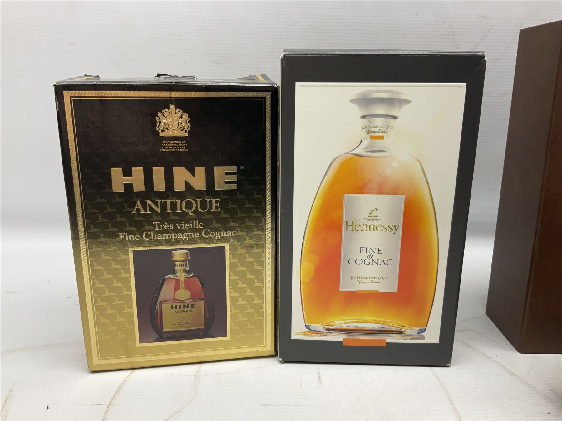 Hennessy, fine de cognac, 70cl, 40% vol, Monnet, Xo prestige cognac, 70cl, 40% proof and Hine Antique, Tres Vieille champagne cognac, 68cl, 40% vol, all with original boxes 
