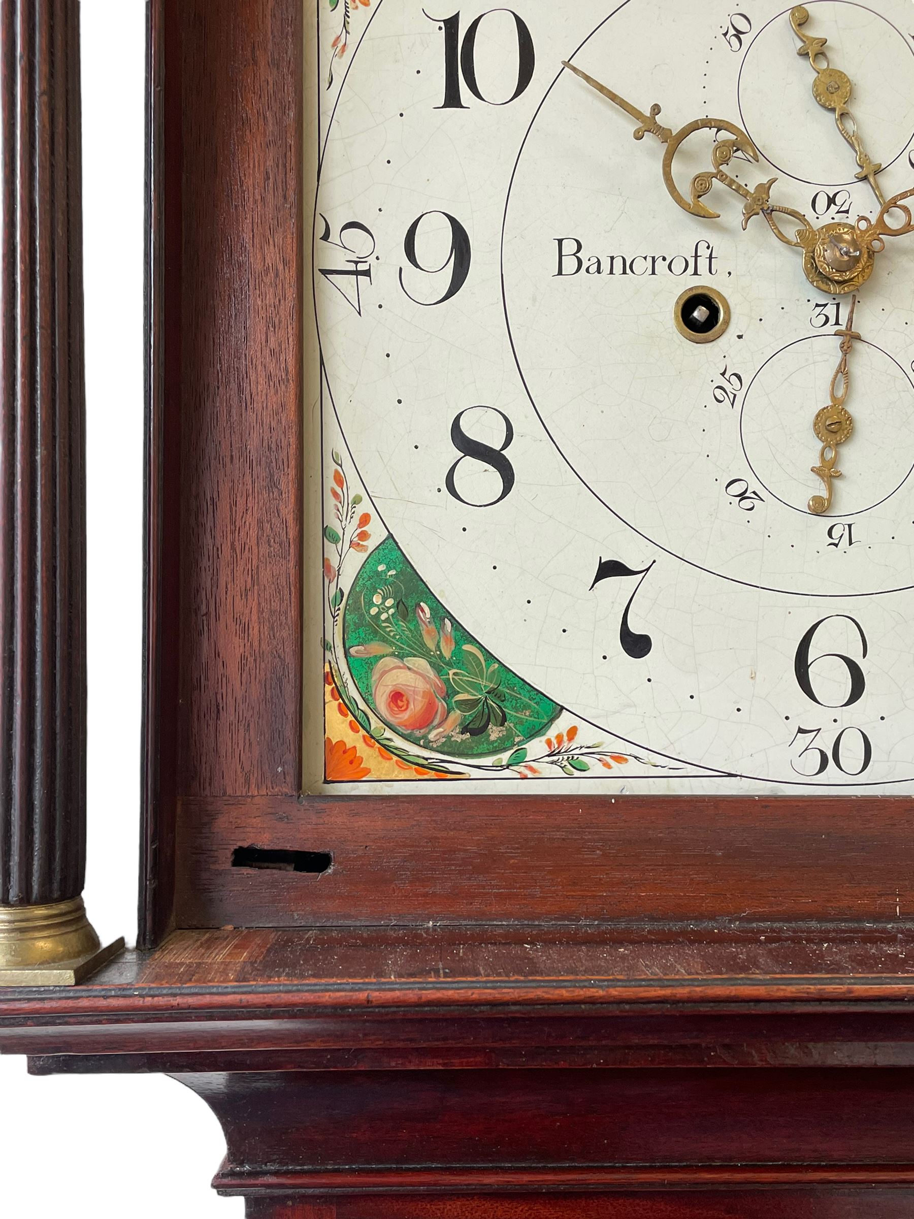 John Bancroft of Scarborough - a fine late George III 8-day mahogany longcase clock, with an elaborate pagoda pediment, brass ball and eagle finials and oval conch shell inlay, break arch hood door flanked by reeded pilasters with brass Corinthian capitals, trunk with inlaid canted corners and a break arch trunk door with 